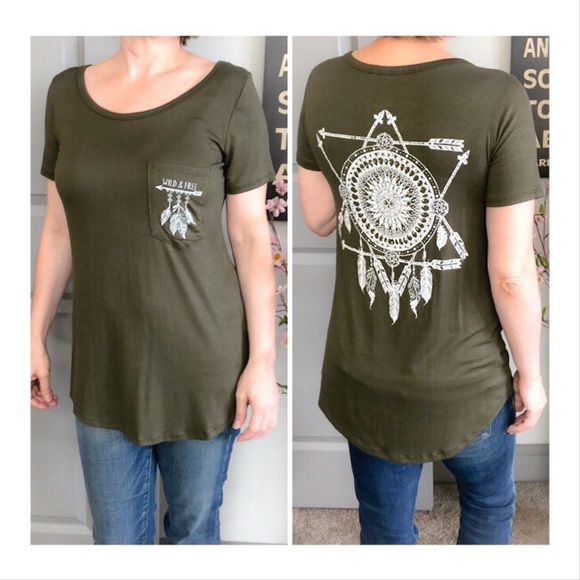 💕Wild & Free olive tee with tribal print💕 - Picture 1 of 7